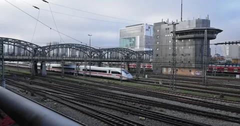 Hackerbrücke ICE Train Passing Under Bridge – Munich 4K 100fps Slow Motion Stock Footage 319243436