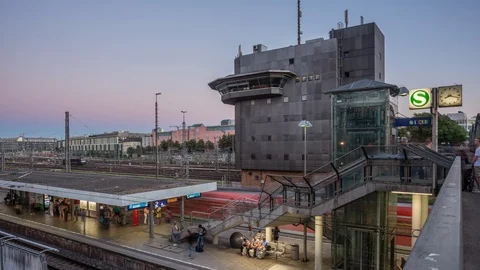 Hackerbruecke Munich, overlooking railway gate and tracks, TL, DN  Stock Footage 90802896