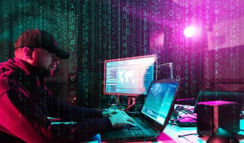 Hackers are breaking server using computers. Cybercrime concept. Stock Photos