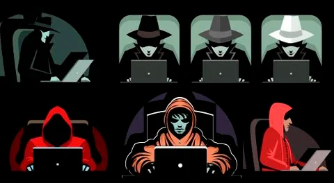 Hackers black hat grey hat white hat and hoodie Stock Illustration