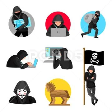 Hackers Characters Symbols Icons Collection Stock Illustrationen