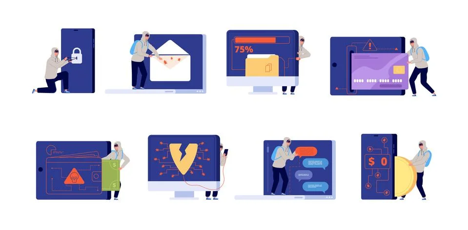 Hackers characters. Web thief, hacker data information phishing. Internet Stockillustratie