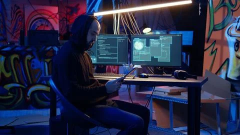 Hackers doing computer sabotage using ransomware on tablet Stock Photos