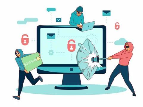 Hackers group hacking computer. Masked men smash cybersecurity, criminals and Stock Illustration