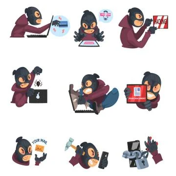 Hackers hack data on a computer. Set of vector illustrations. Stock Illustration