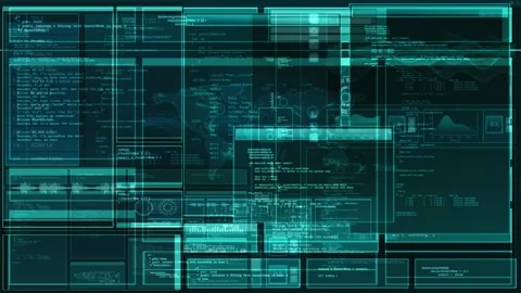 Hacker's interface with vibrant code snippets and abstract panels, creating a Stock Footage 307017981