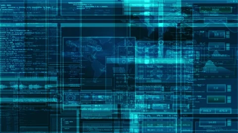 Hacker's interface with vibrant code snippets and abstract panels, creating a Stock Footage 307018627