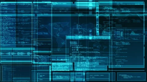 Hacker's interface with vibrant code snippets and abstract panels, creating a Stock Footage 307387868