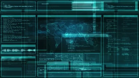 Hacker's interface with vibrant code snippets and abstract panels, creating a Stock Footage 307388678