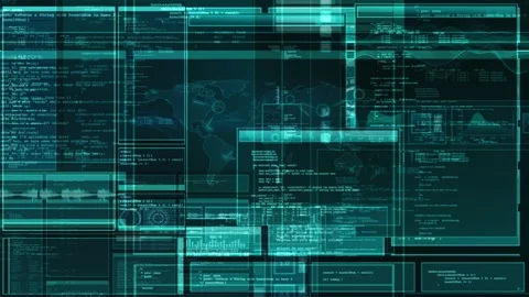 Hacker's interface with vibrant code snippets and abstract panels, creating a Stock Footage 307919746