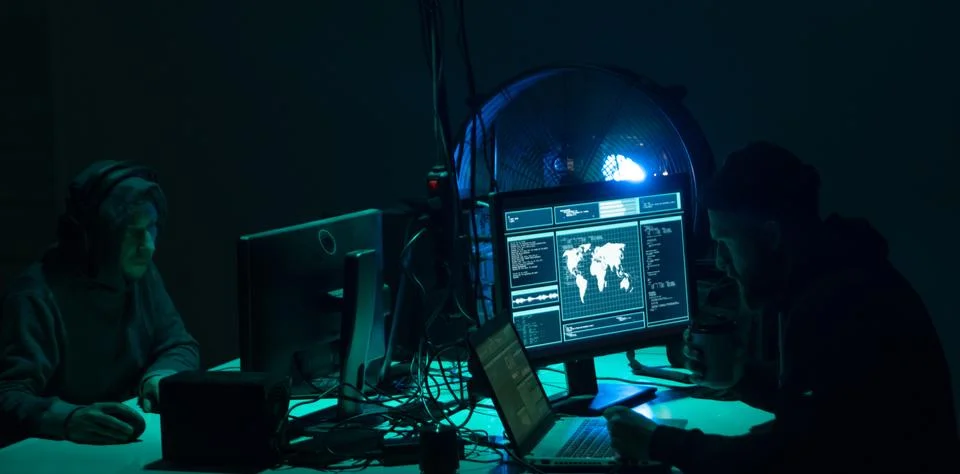 Hackers making cryptocurrency fraud using virus software and computer interface Stock Photos