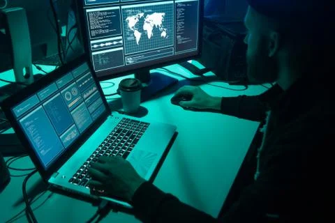 Hackers making cryptocurrency fraud using virus software and computer interface Stock Photos