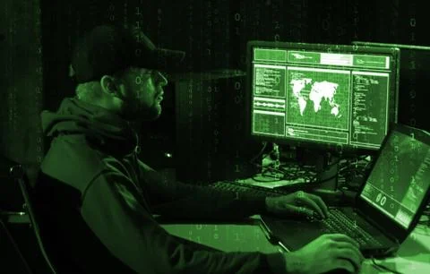 Hackers making cryptocurrency fraud using virus software and computer interface Stock Photos