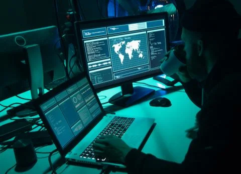 Hackers making cryptocurrency fraud using virus software and computer interface Stock Photos
