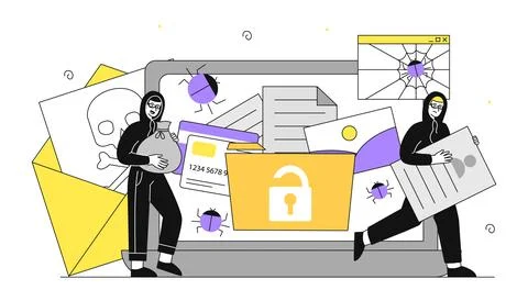 Hackers steal data. Men in black hoodies near laptop with file folder. Crime on Stock Illustration