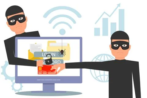 Hackers steal information. Hacker stealing money and personal information. 스톡 일러스트