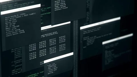 Hackers stealing data, strings of programming code on display, security breac Stock Photos