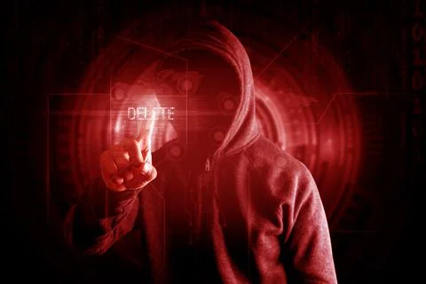 Hackers touch delete button to delete data Virus attack concept, red tone. 스톡 사진