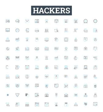 Hackers vector line icons set. hacking, cracker, malware, virus, exploit Stock Illustration