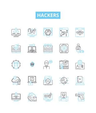 Hackers vector line icons set. hacking, cracker, malware, virus, exploit Stock Illustration