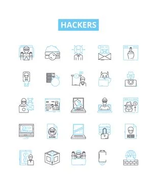 Hackers vector line icons set. hacking, cracker, malware, virus, exploit Stock Illustration