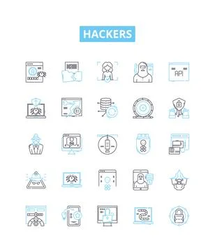 Hackers vector line icons set. hacking, cracker, malware, virus, exploit Stock Illustration