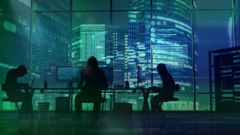 Hackers at work on the background of green office buildings Stock Illustration