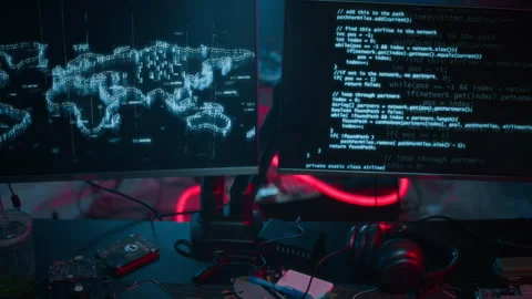 Hackers Workplace with Programming Codes on Computer and E-map in Neon Light 스톡 동영상 327638251