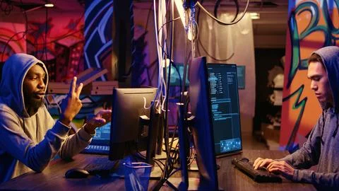 Hackers writing lines of code Stockfoto's