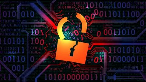 Hacking abstract firewall antivirus. Hacked lock on background circuit board Illustrazione stock