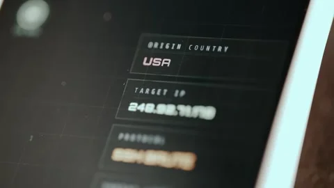 Hacking activity monitoring interface, Origin country and Target IP live data Stock Footage 331127720