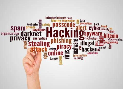 Hacking alert word and hand with marker cloud concept 스톡 일러스트