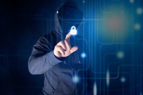 Hacking and malware concept. Hacker using abstract laptop with binary code di Stock Photos