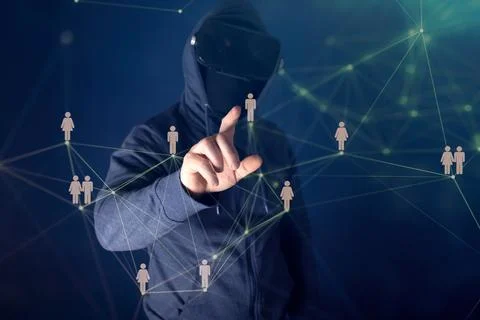 Hacking and malware concept. Hacker using abstract laptop with binary code di Stock Photos