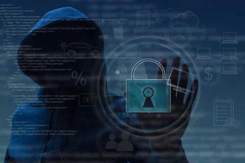 Hacking and malware concept. Hacker using abstract laptop with digital interface Stock Photos