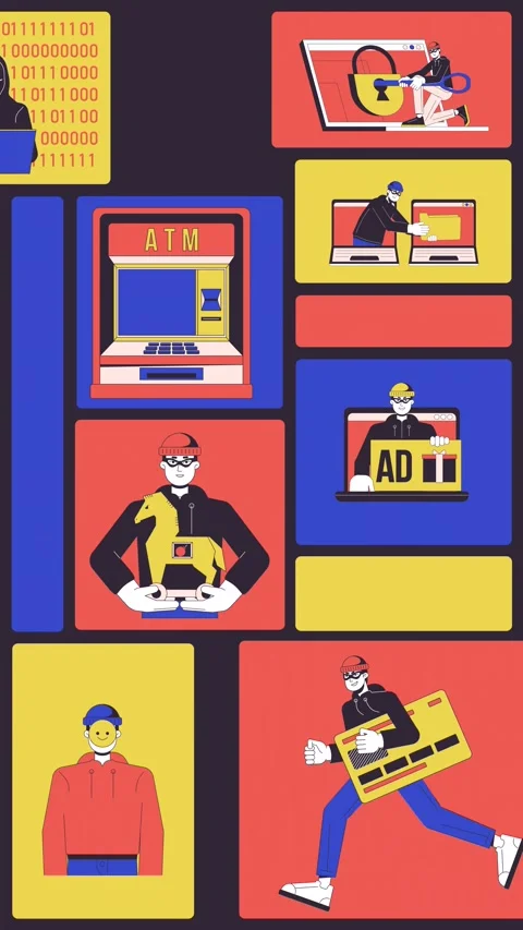 Hacking, ATM fraud and data theft bento grid vertical animation Stock Footage 320542794