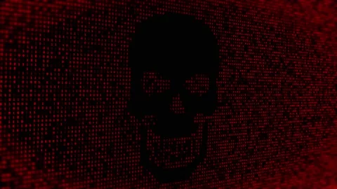 Hacking attack message pirate skull. 4K Computer virus attack, cyber security Stock Footage 157881387