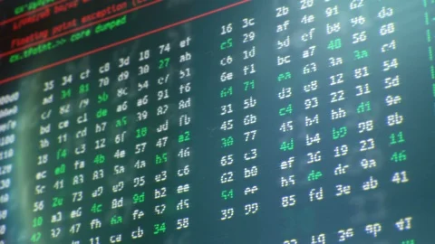 Hacking attack on screen, numbers changing, decryption of data, system breach Video stock 86237052