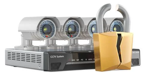 Hacking of CCTV system Digital video recorder system with Broken Padlock, ... Stock Photos