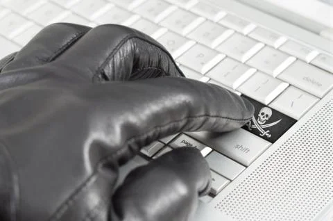 Hacking china concept with hand wearing black leather glove pressing enter ke Stock Illustration