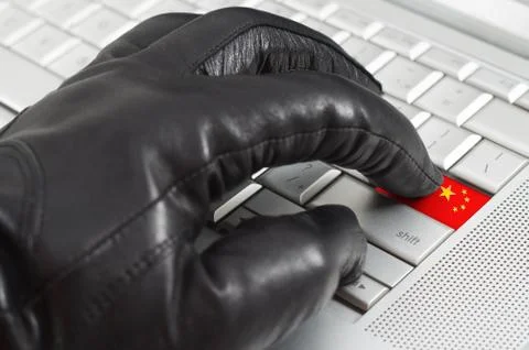 Hacking china concept with hand wearing black leather glove pressing enter ke Stock Illustration