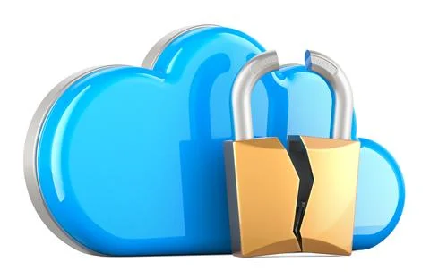 Hacking the cloud, concept. Computing Cloud with Broken Padlock, 3D rendering Illustrazione stock