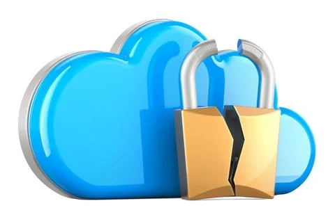 Hacking the cloud, concept. Computing Cloud with Broken Padlock, 3D render... Stock Photos