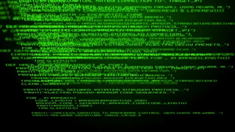 Hacking code on screen, ransomware malware attack computer data security breach Stock Footage 249779425