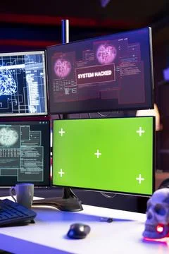 Hacking code scripts running on computer system monitors Foto stock