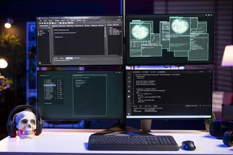 Hacking code scripts running on computer system monitors Stock Photos