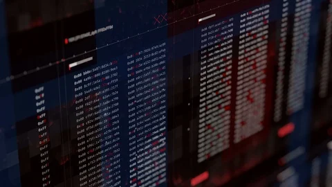 Hacking code strings running on screen, cyberattack, system breach, infiltration Stock Footage