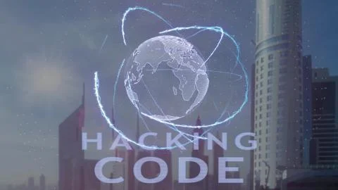 Hacking code text with 3d hologram of the planet Earth against the backdrop of Foto stock