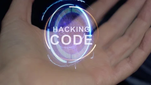 Hacking code text hologram on a female hand Stock Footage 108464671