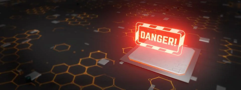 Hacking Concept. Attention warning attacker DANGER sign glowing hologram 3D R Illustrazione stock